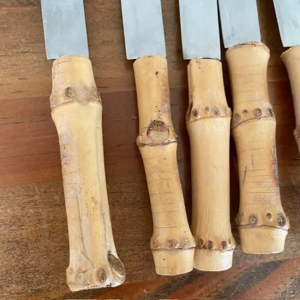 8 Vintage Bamboo Handle Stainless Steel Butter Knives - Made in Japan